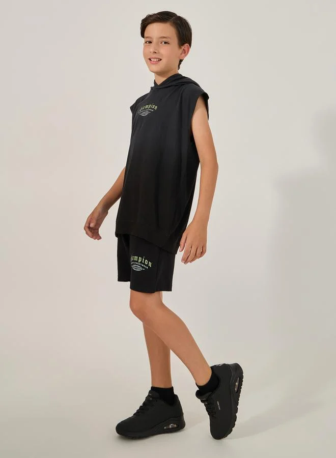 Styli Slogan Print Sleeveless Hooded T-Shirt
