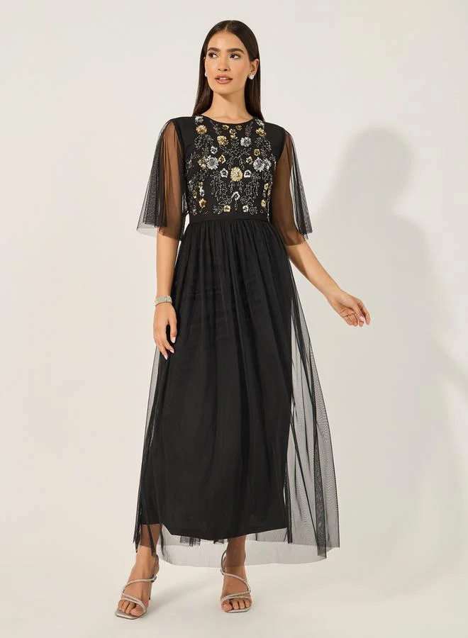 Styli Embellished Half Sleeves A-Line Maxi Dress