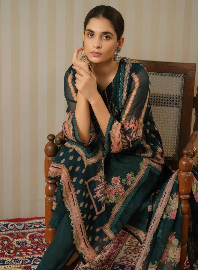 DW Floral Printed Tie-Up Neck Organza Kurta and Trouser with Dupatta Set by Styli