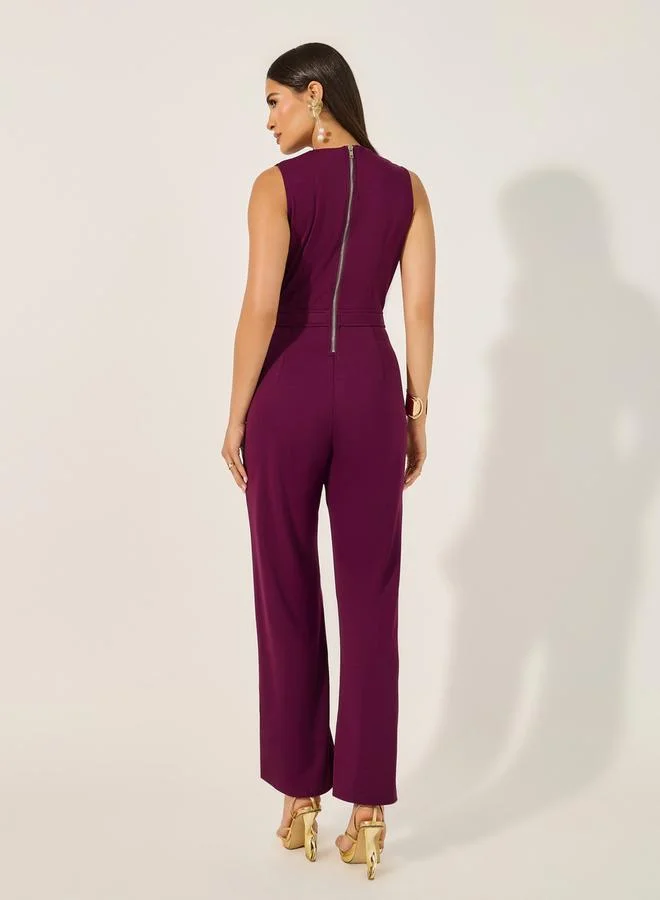 Styli double breasted look tailored wide leg fit jumpsuit in stretchy knit fabric and gold coat buttons