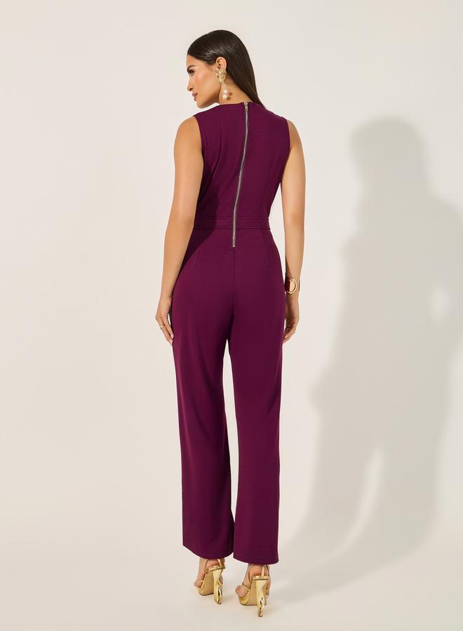 Styli double breasted look tailored wide leg fit jumpsuit in stretchy knit fabric and gold coat buttons  - Image 4