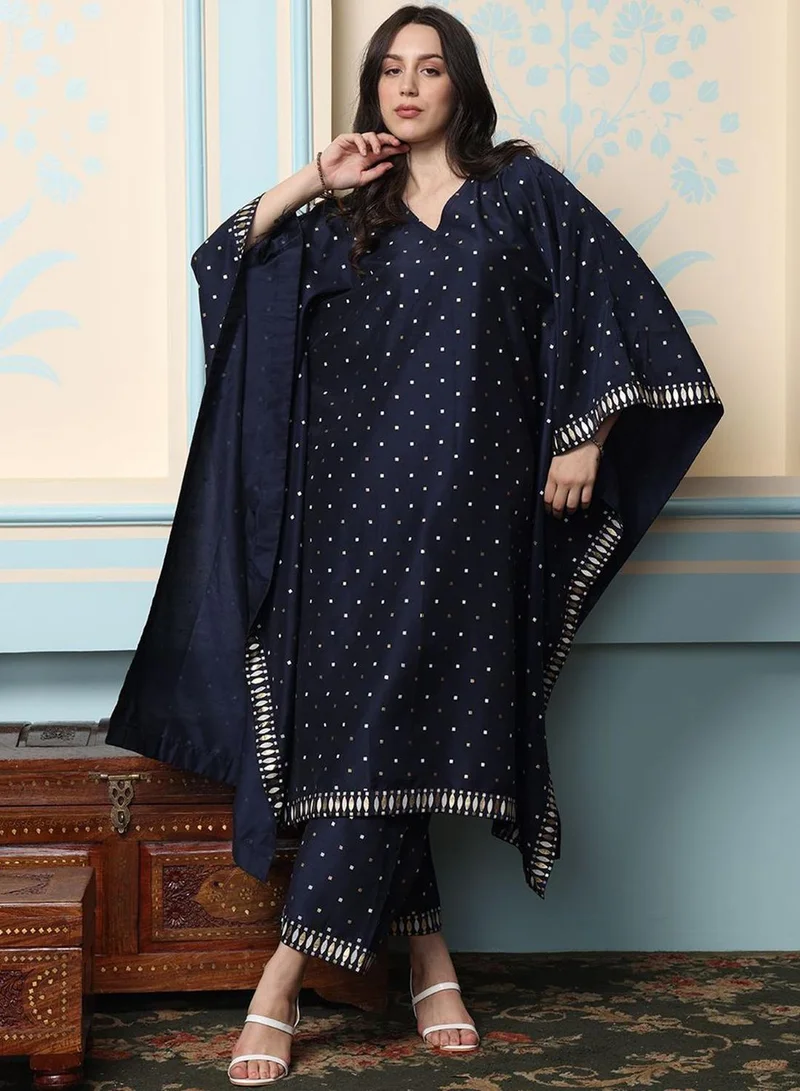 ISHIN Women's Navy Blue Polyester Blend Embellished Tunic Full Length Palazzo Straight Fit Kurta Set