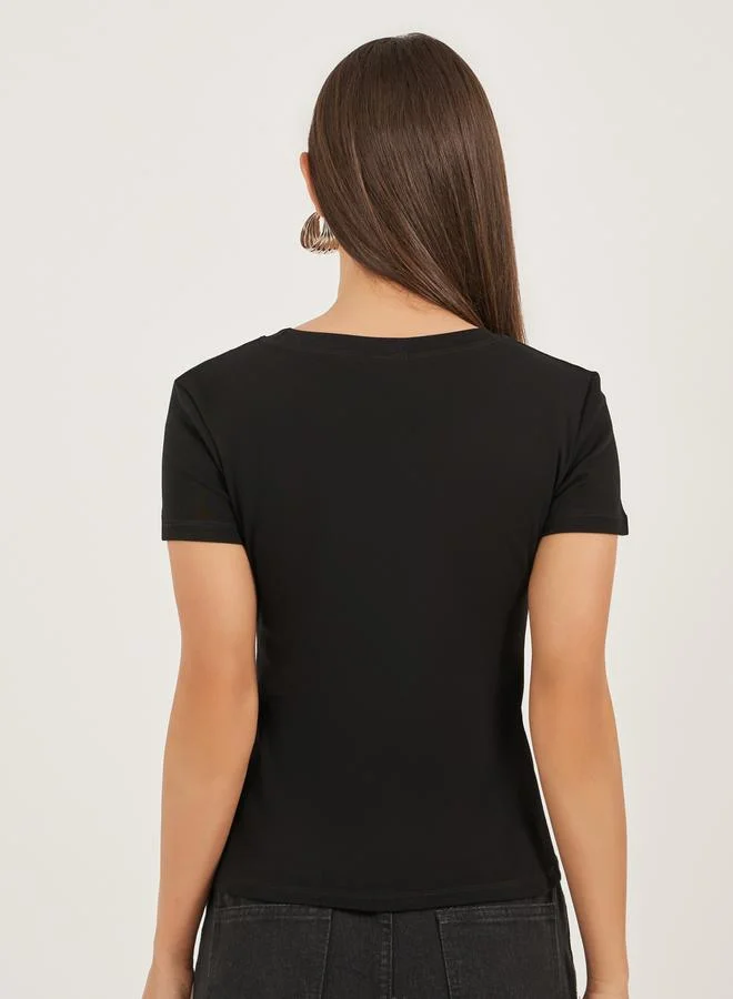 Styli Short Sleeve Eyelet Detailed Round Neck T-Shirt
