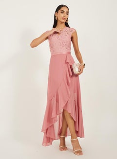 Lace Ruffled Asymmetric Hem A-Line Midi Dress by Styli