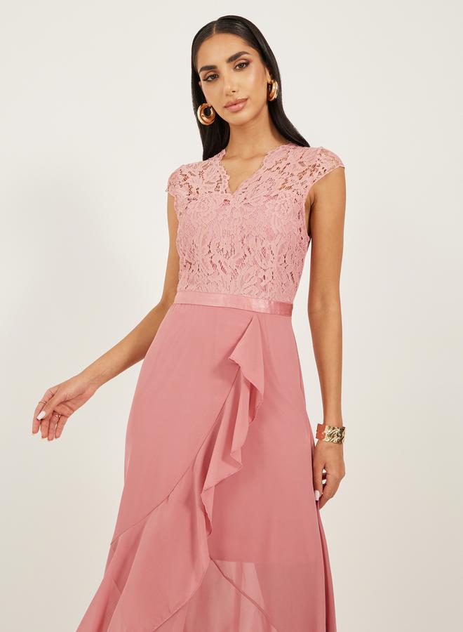 Styli - Lace Ruffled Asymmetric Hem A-Line Midi Dress by Styli - Image 1
