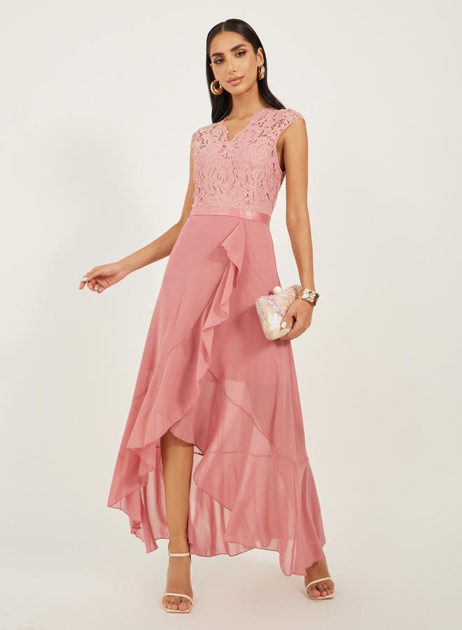 Styli - Lace Ruffled Asymmetric Hem A-Line Midi Dress by Styli - Image 1