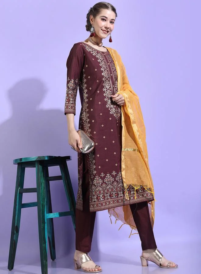 Vishudh Burgundy Printed Viscose Rayon Kurta Set with Dupatta by Styli