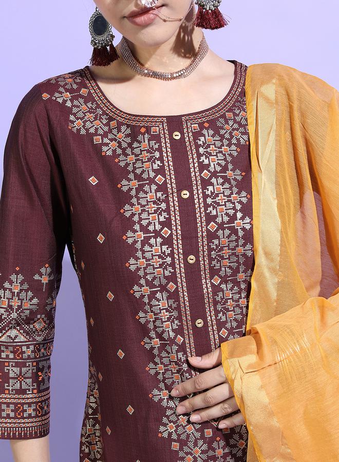 Vishudh Burgundy Printed Viscose Rayon Kurta Set with Dupatta by Styli  - Image 4