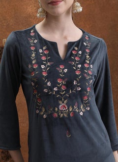 Vishudh Navy Blue Floral Embroidered Straight Kurta  - Image 5