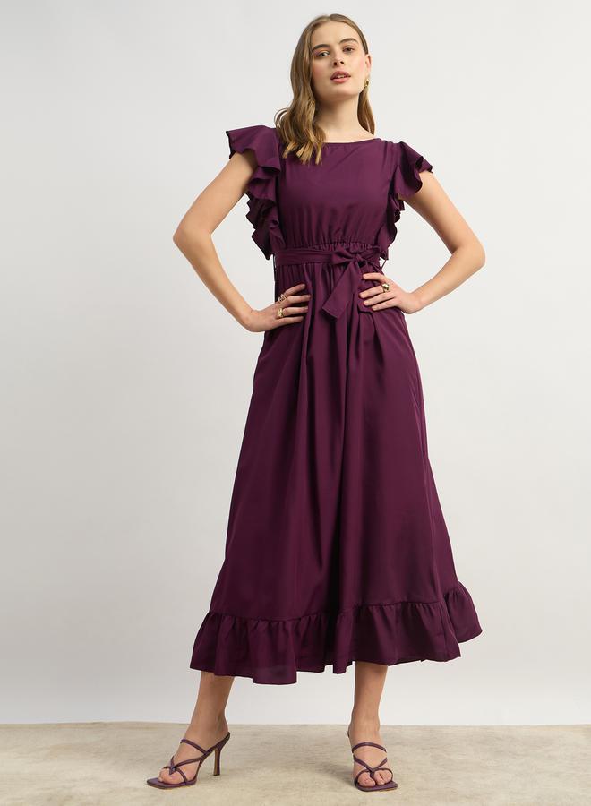 Styli Solid Ruffled Hem Tiered Midi Dress with Waist Tie-Up  - Image 2