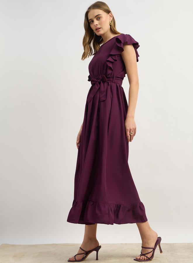 Styli Solid Ruffled Hem Tiered Midi Dress with Waist Tie-Up  - Image 3