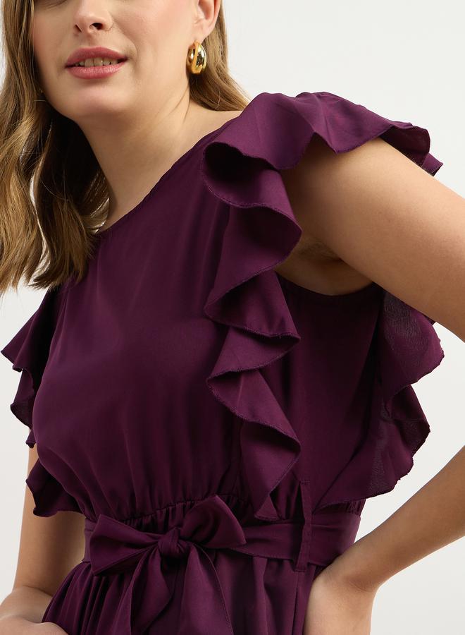 Styli Solid Ruffled Hem Tiered Midi Dress with Waist Tie-Up  - Image 4
