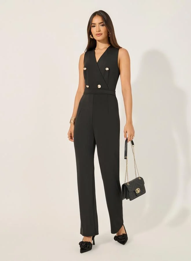 Styli double breasted look tailored wide leg fit jumpsuit in stretchy knit fabric and gold coat buttons