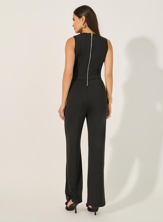 Styli double breasted look tailored wide leg fit jumpsuit in stretchy knit fabric and gold coat buttons  - Image 4
