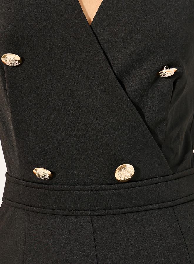 Styli double breasted look tailored wide leg fit jumpsuit in stretchy knit fabric and gold coat buttons  - Image 3