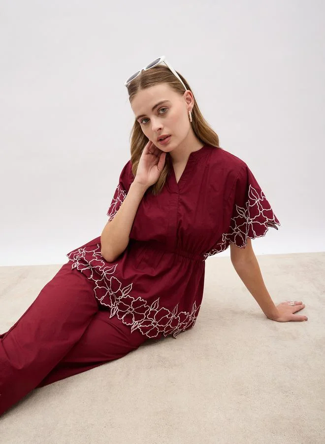 Styli Embroidered Short Sleeve Top and Straight Pants Co-Ords