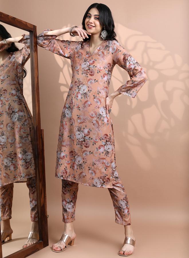 Vishudh - Women Peach Floral Printed Kurta and Trousers Set by Styli - Image 1