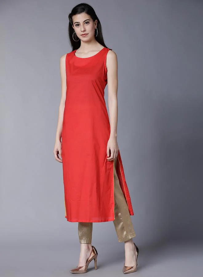 Vishudh Vishudh Red Printed Cotton Kurta with Crop Jacket for Women