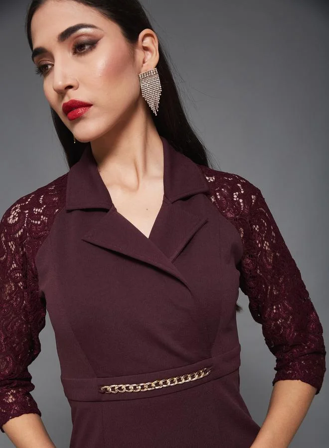 Styli Lace 3/4 Sleeves Collared Mermaid Midi Dress