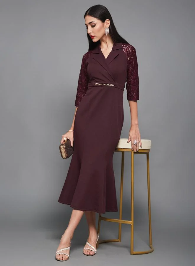Styli Lace 3/4 Sleeves Collared Mermaid Midi Dress
