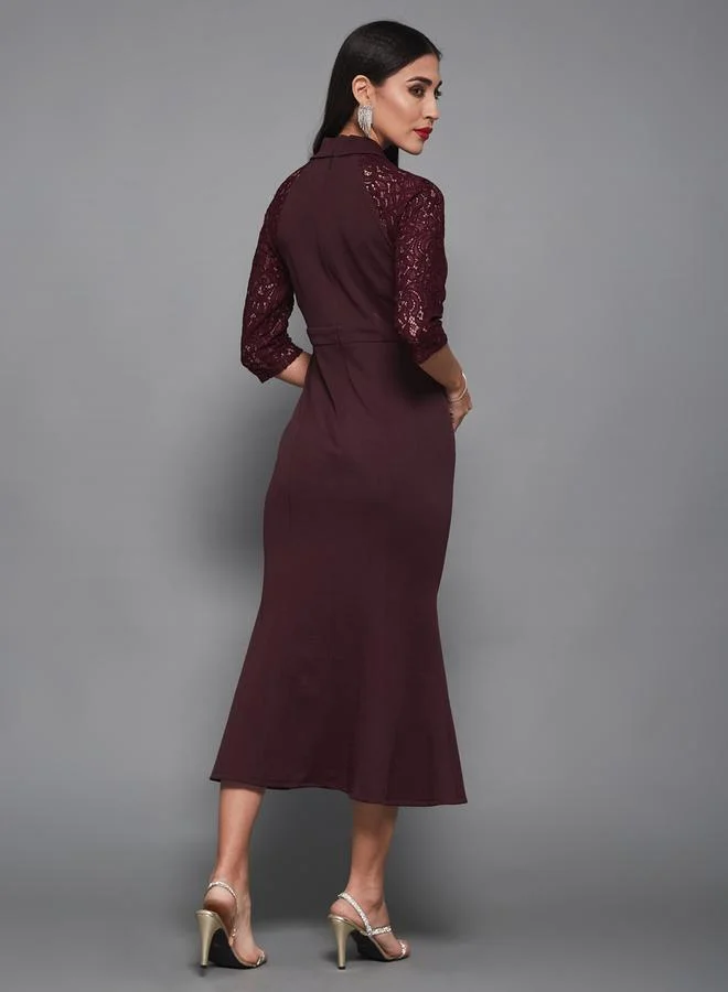 Styli Lace 3/4 Sleeves Collared Mermaid Midi Dress