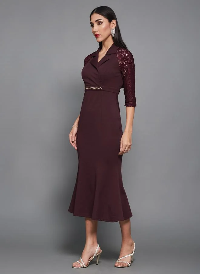 Styli Lace 3/4 Sleeves Collared Mermaid Midi Dress