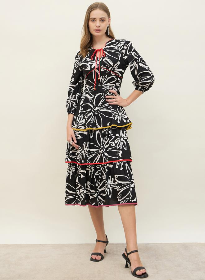 Styli All Over Floral Print Tie-Up Neck Tiered Midi Dress - Image 2
