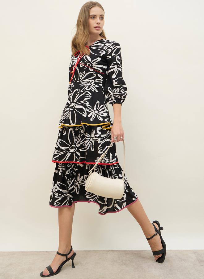 Styli All Over Floral Print Tie-Up Neck Tiered Midi Dress - Image 1