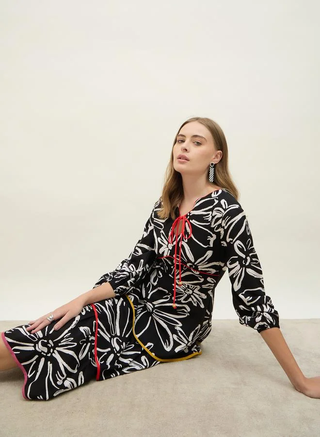 Styli Styli All Over Floral Print Tie-Up Neck Tiered Midi Dress