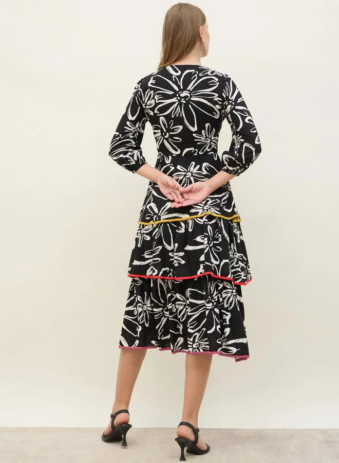 Styli Styli All Over Floral Print Tie-Up Neck Tiered Midi Dress