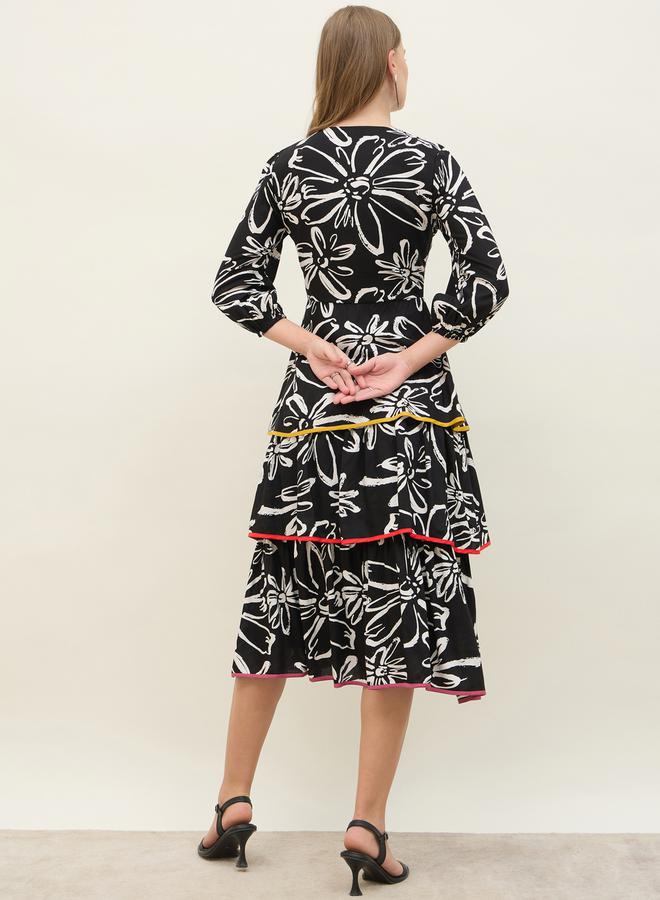 Styli All Over Floral Print Tie-Up Neck Tiered Midi Dress - Image 5