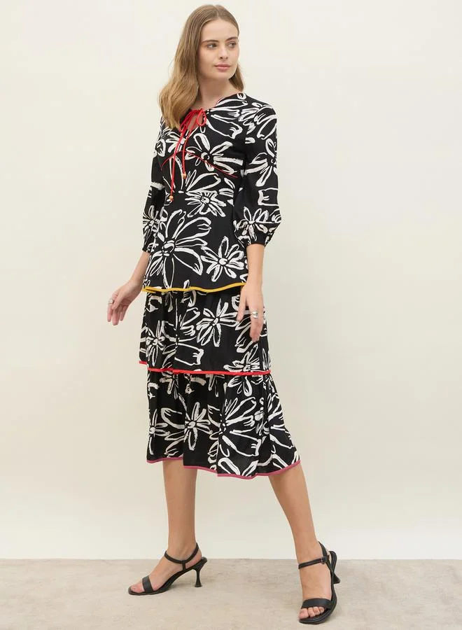 Styli Styli All Over Floral Print Tie-Up Neck Tiered Midi Dress