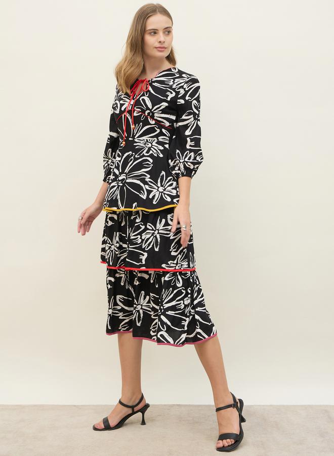 Styli All Over Floral Print Tie-Up Neck Tiered Midi Dress - Image 3