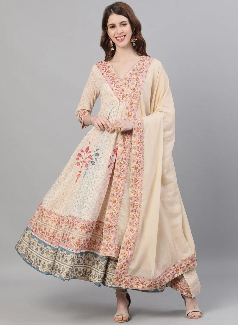 ISHIN Women Beige Ethnic Motifs Printed Kurta With Anarkali Dupatta