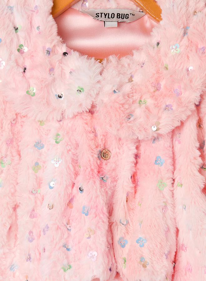 Stylo Bug Embellished Faux Fur Design Collared Shrug - Image 4