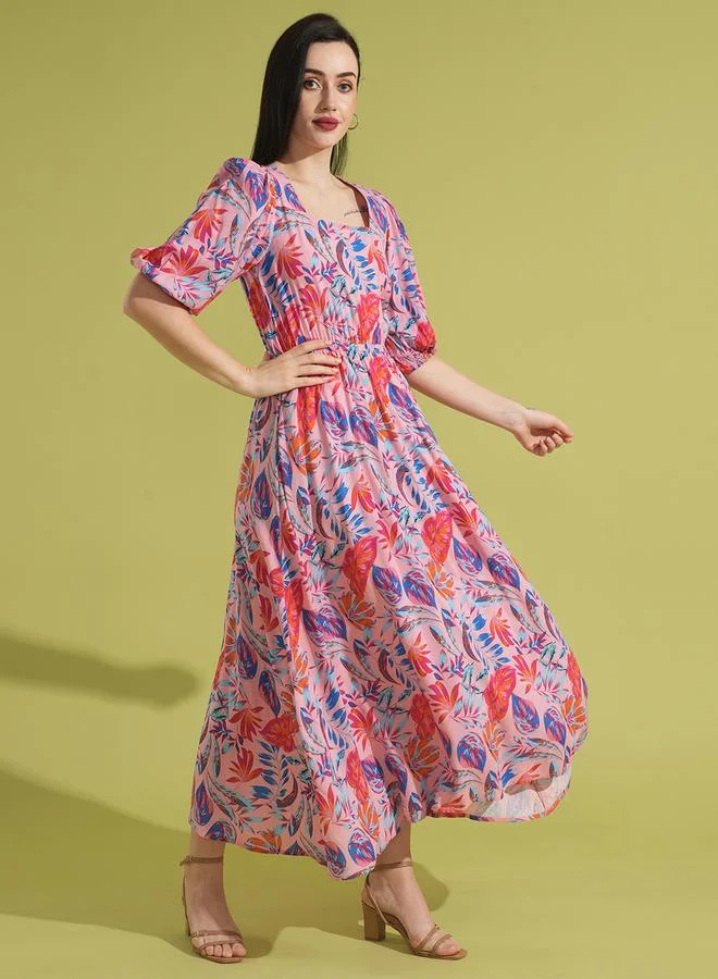 جلو باص All-Over Print Square Neck Puff Sleeves A-Line Maxi Dress by Styli