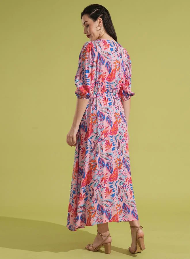 جلو باص All-Over Print Square Neck Puff Sleeves A-Line Maxi Dress by Styli