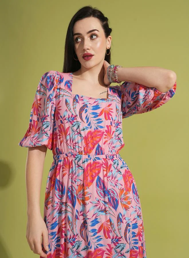 جلو باص All-Over Print Square Neck Puff Sleeves A-Line Maxi Dress by Styli