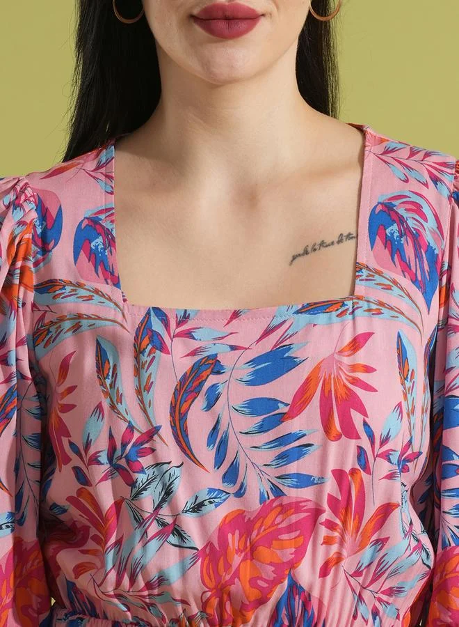 جلو باص All-Over Print Square Neck Puff Sleeves A-Line Maxi Dress by Styli