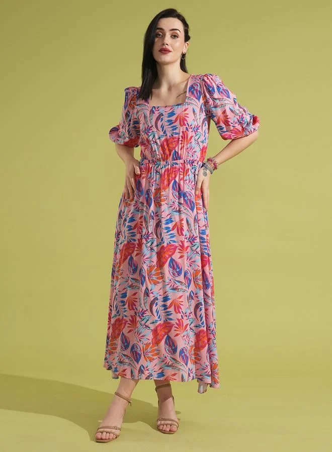 جلو باص All-Over Print Square Neck Puff Sleeves A-Line Maxi Dress by Styli