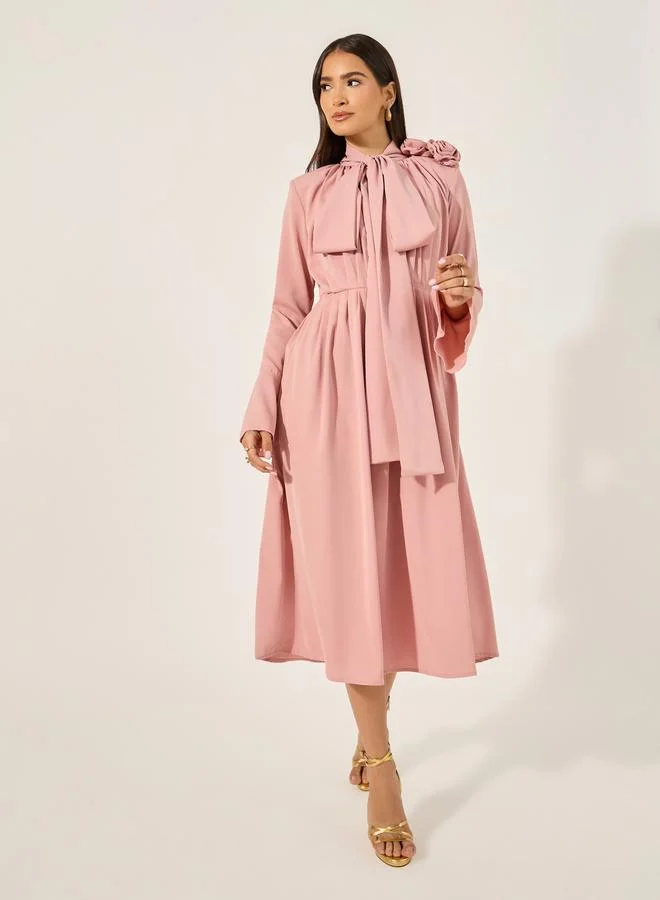 ستايلي Bell Sleeve Tie-Up Neck A-Line Midi Dress