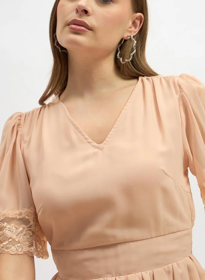 Styli Plain Flared Sleeves Tiered Maxi Dress with Lace Trim