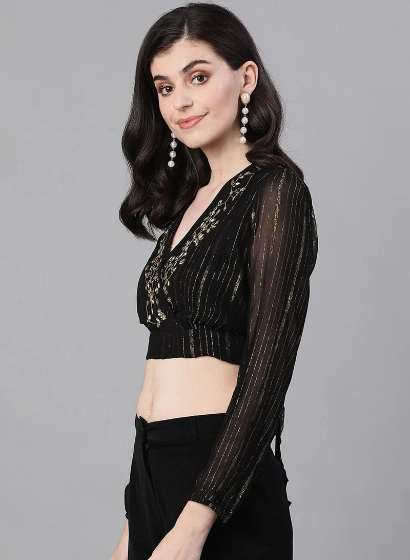 ISHIN Women's Black Rayon Embellished Cropped Straight Fit Tops