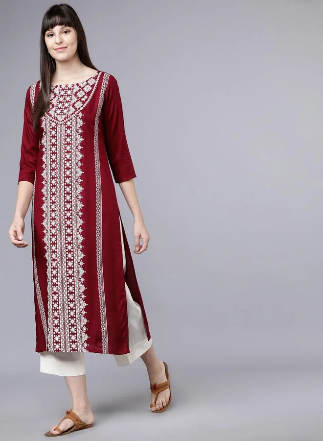 Vishudh Vishudh Women Maroon & White Printed Straight Kurta by Styli