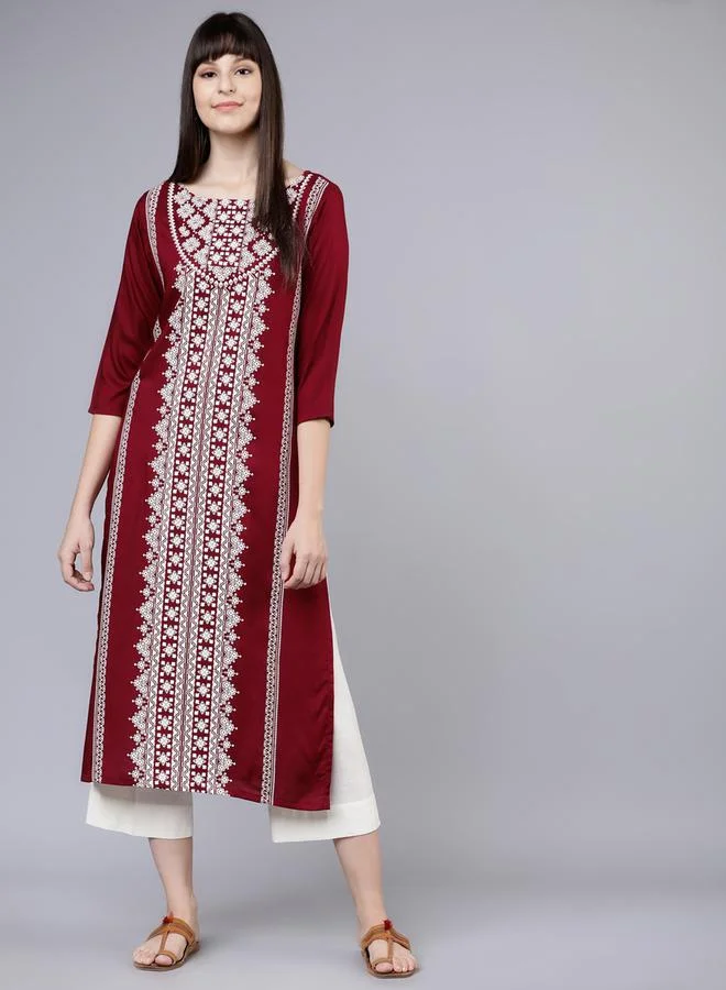 Vishudh Vishudh Women Maroon & White Printed Straight Kurta by Styli