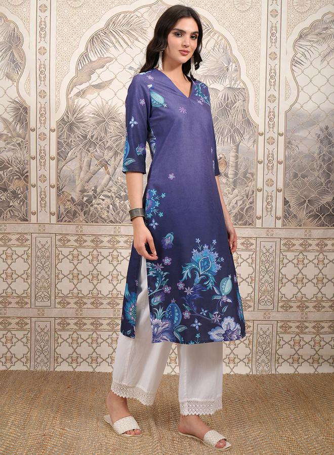 Vishudh - Purple Floral Printed Straight Kurta by Styli - Image 1
