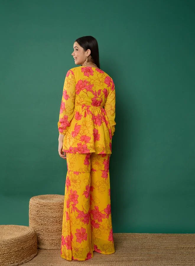 NOH.VOH Noh.Voh Floral Print Peplum Top With Sharara Pants