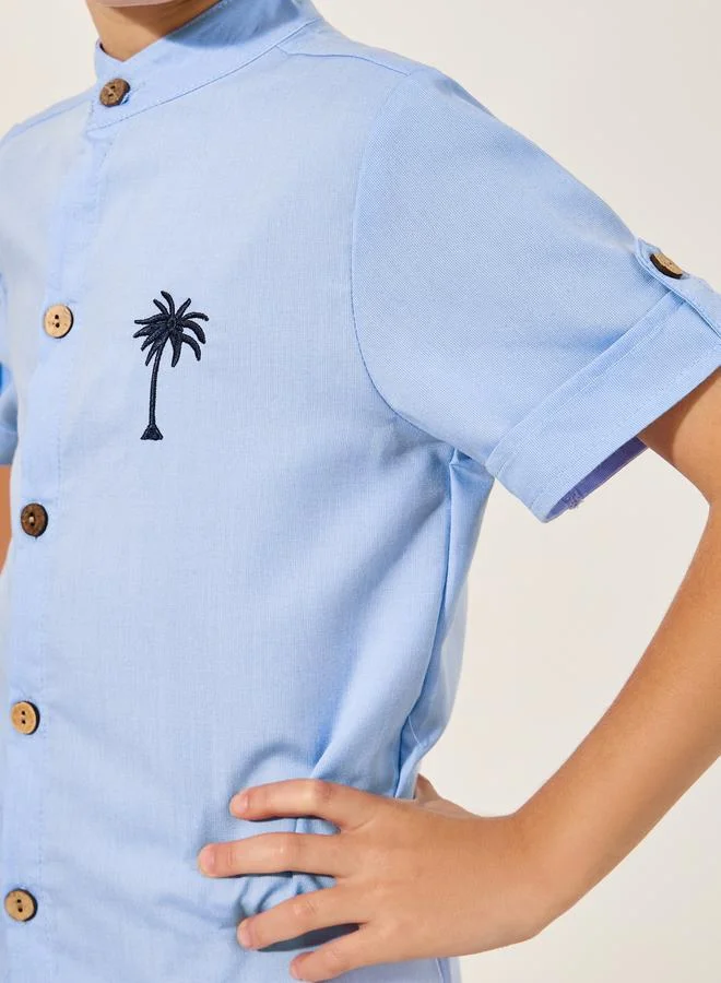 Styli Embroidered Detail Mandarin Collared Shirt