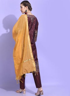 Vishudh Burgundy Printed Viscose Rayon Kurta Set with Dupatta  - Image 3