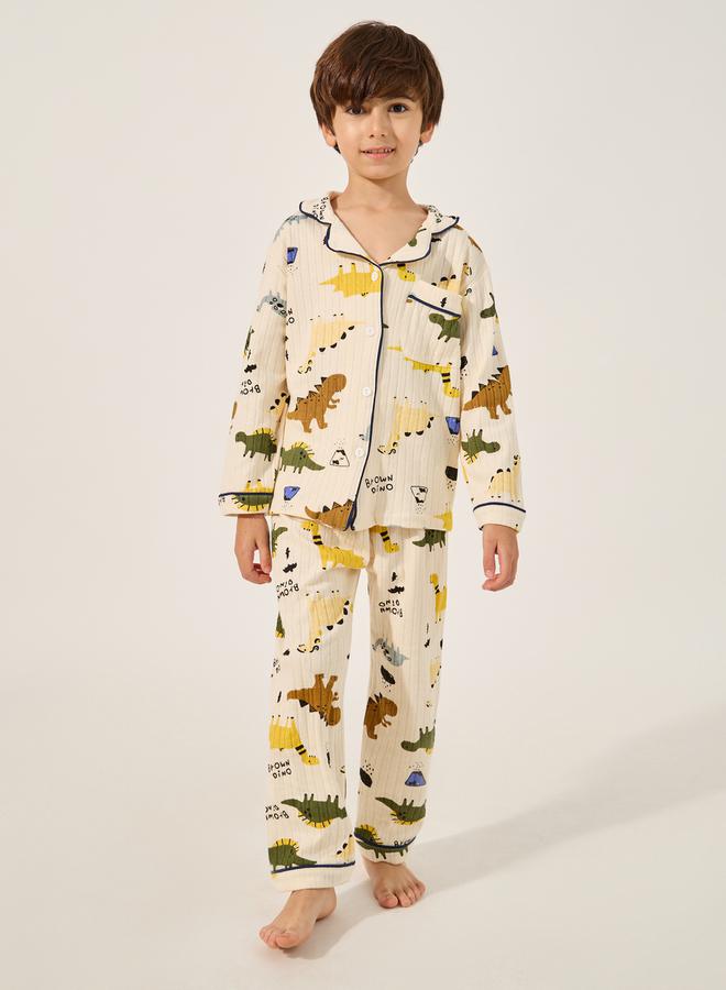 ستايلي طقم بيجامة مطبوع بالديناصورات مع بنطلون مضلع - Image 1